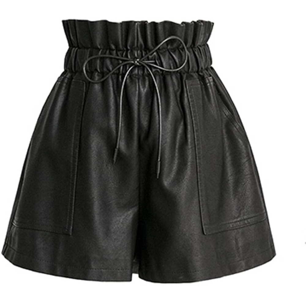 SCHHJZPJ High Waisted Wide Leg Black Faux Leather Shorts LG